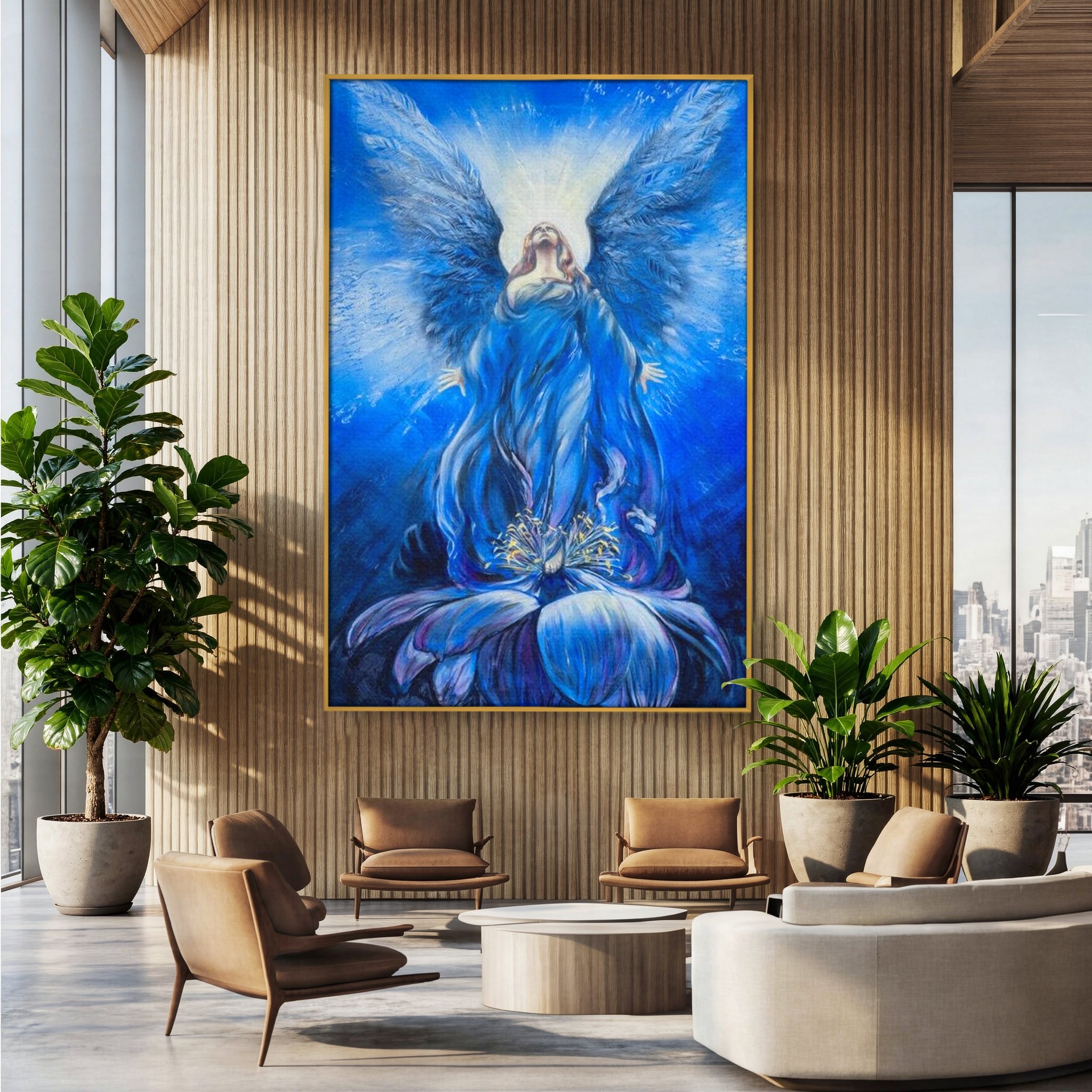 Tablou canvas cu tablou canvas cu inger albastru, in rama de aluminiu auriu, pe perete intr-un birou